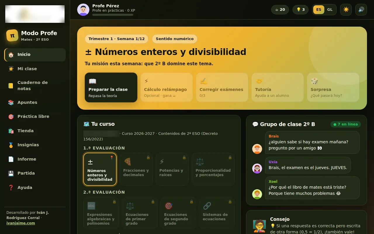 Panel principal de Modo Profe con la unidad de números enteros y el chat de la clase