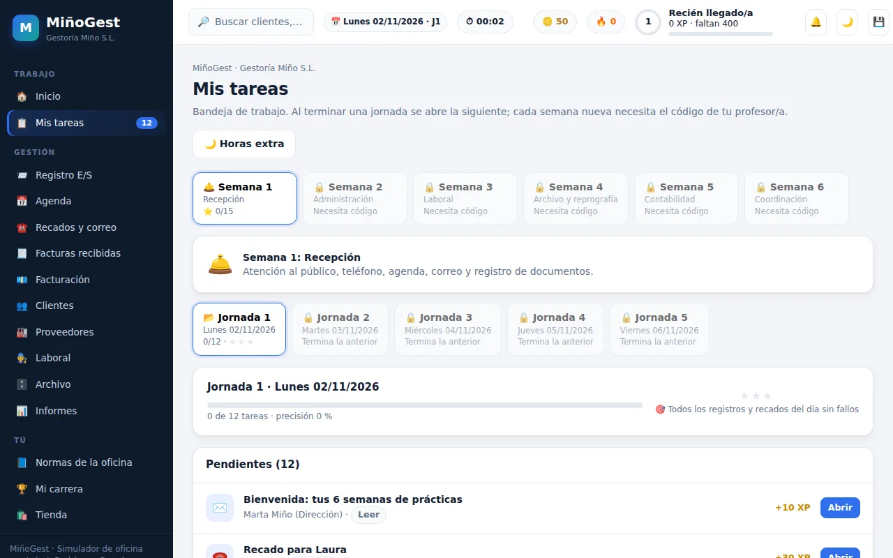 Panel de tareas del simulador MiñoGest, con las seis semanas de prácticas